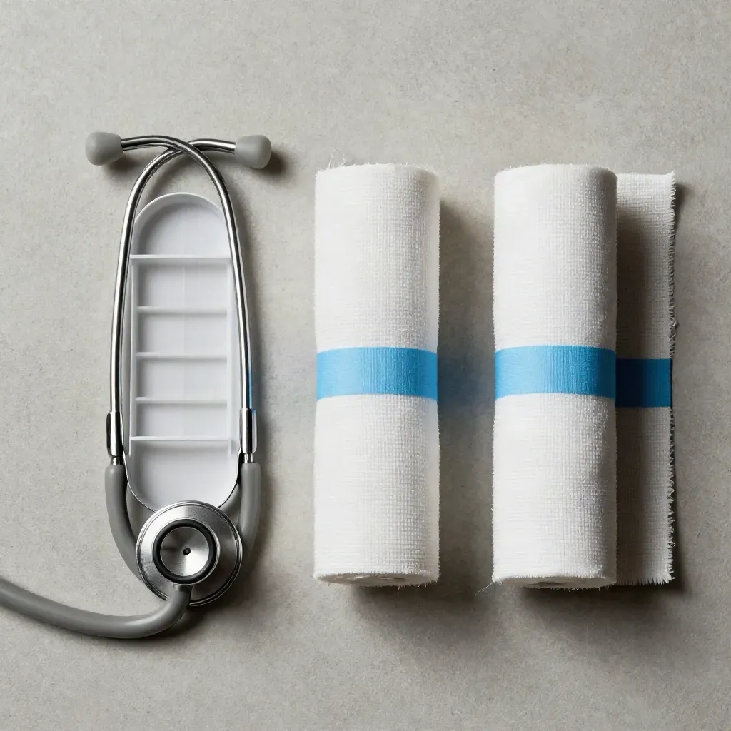 Top-down medical still life with stethoscope chestpiece, ampoule tray, and gauze rolls on pale concrete.