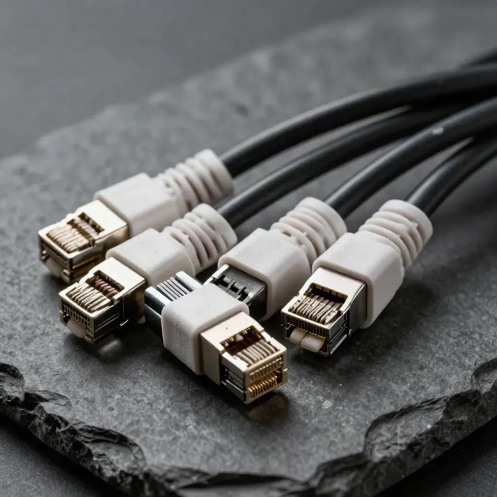 Braided Ethernet cables and precision connectors on dark stone, one half-seated.