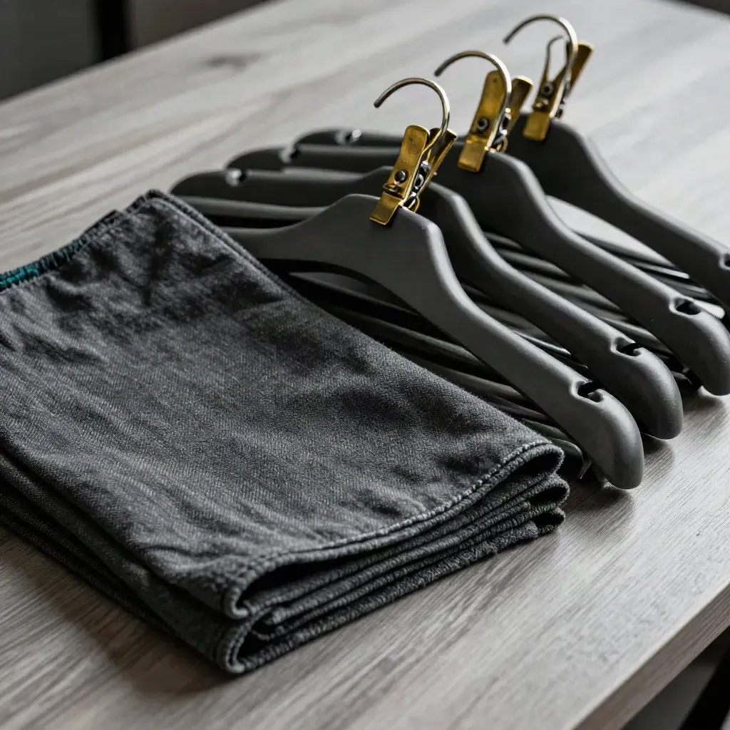 Charcoal hangers, fabric swatches and brass clips on pale wood with a teal accent.