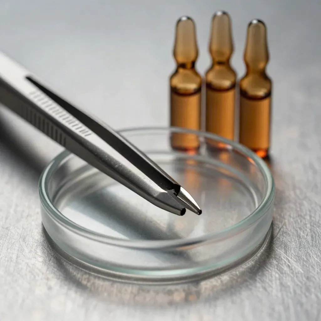 Macro still life of lab forceps, amber vials and frosted dish on brushed steel