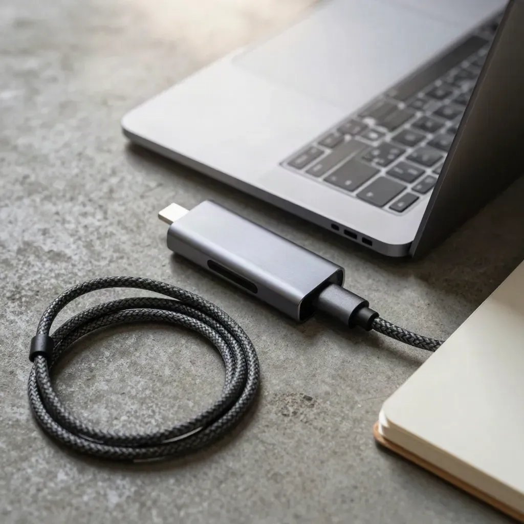 Closed silver laptop, USB-C hub, braided cable, and notebook on concrete