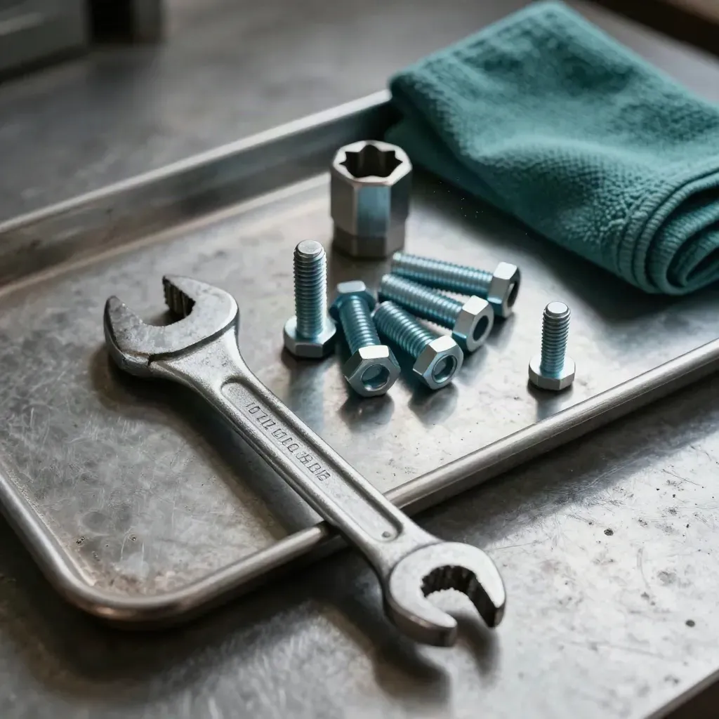Torque wrench, bolts, and steel tray on brushed metal with teal cloth, lit dramatically