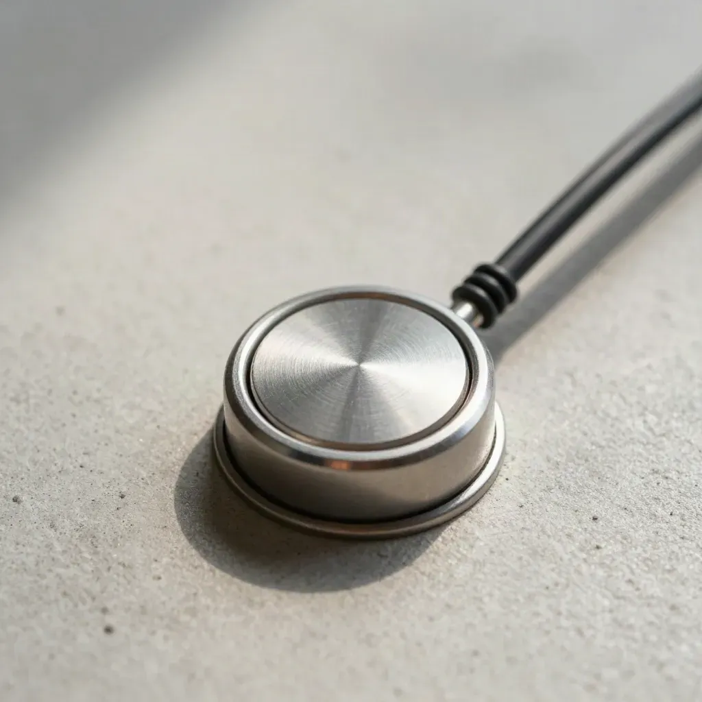 Brushed-metal call button with mounting puck and coiled cable end on pale concrete.