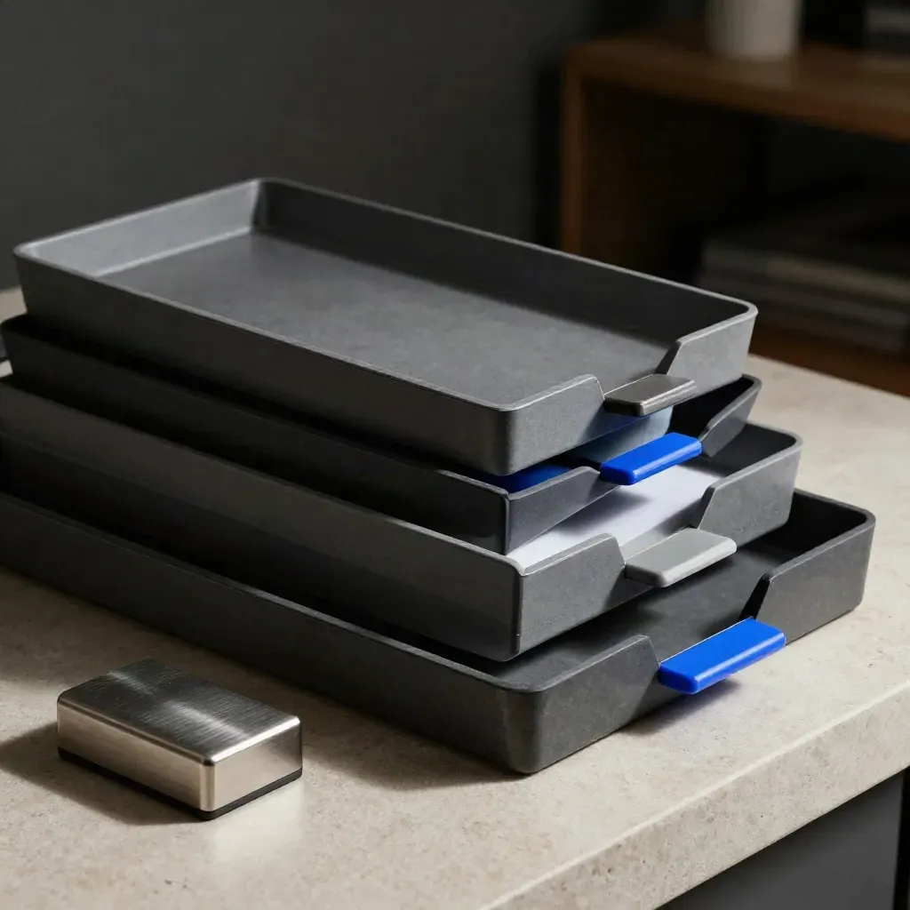 Nested inbox trays with a steel paperweight and blue tab on pale stone, dramatic studio light