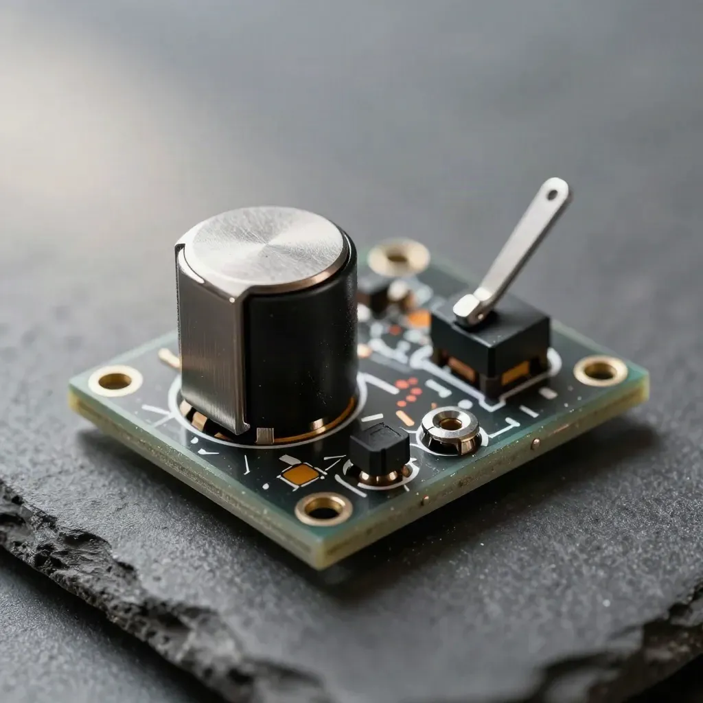 Relay module mid-click beside toggle switch and fasteners on graphite slate, lit in macro detail