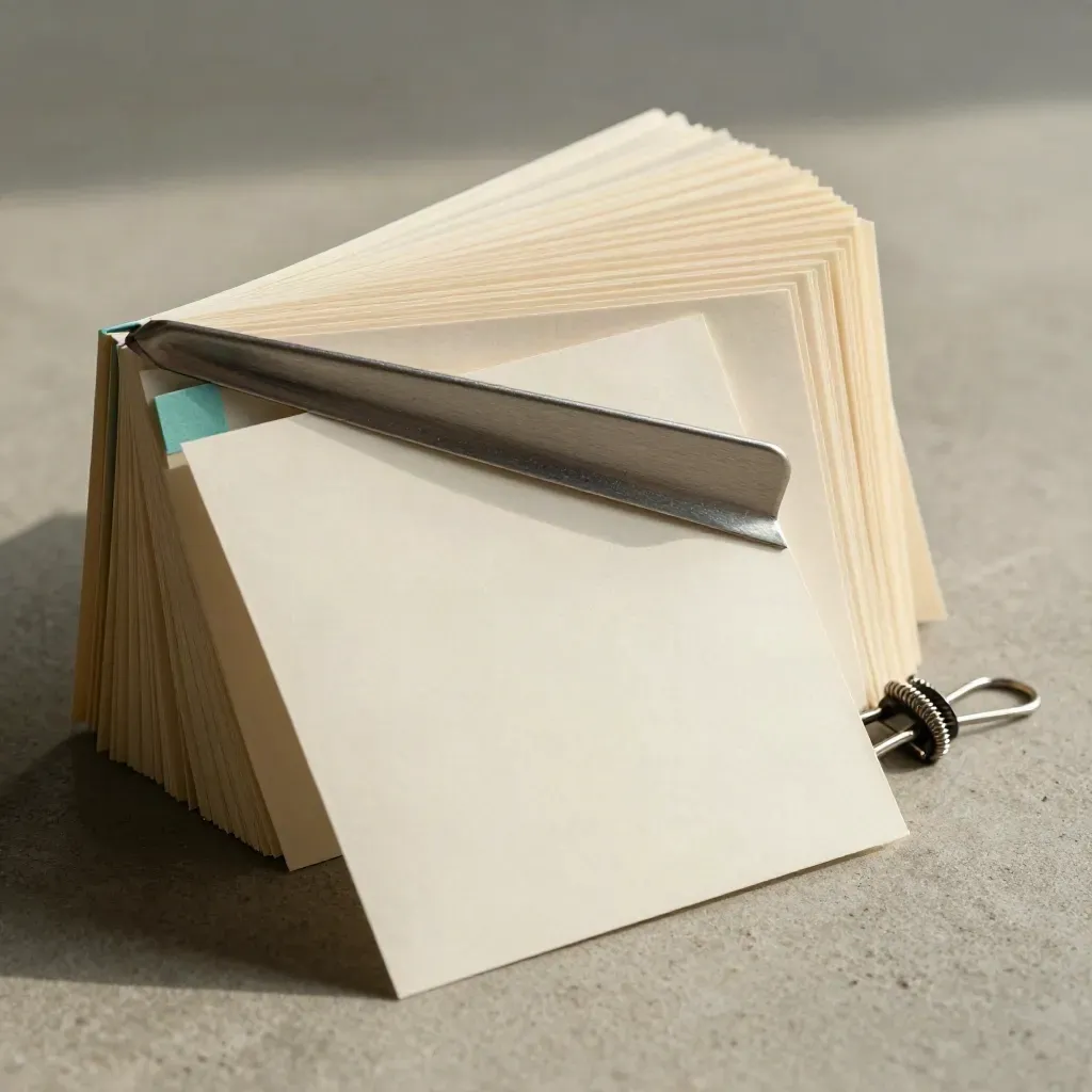 Top-down stack of ivory index cards with a metal divider and clip on warm concrete
