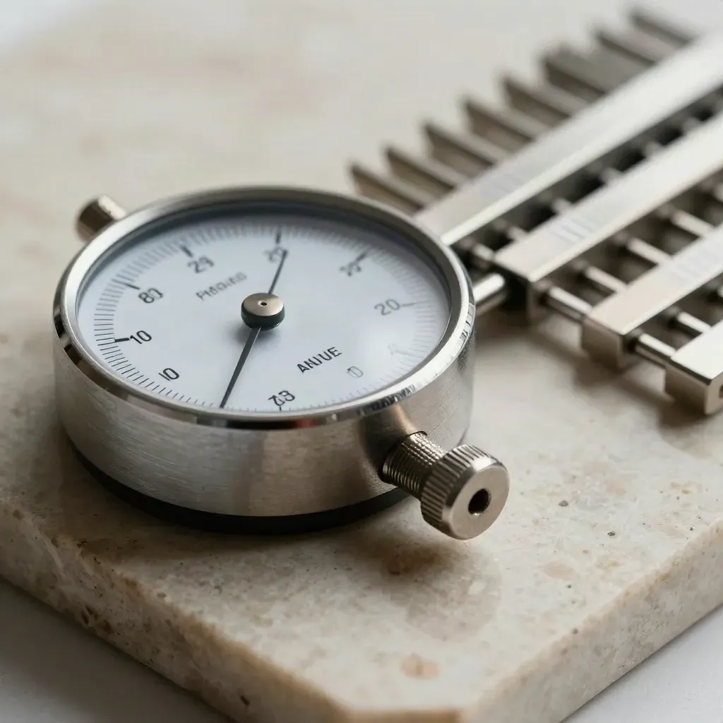 Macro tally counter and dial gauge on limestone, with metal markers and cool mist.