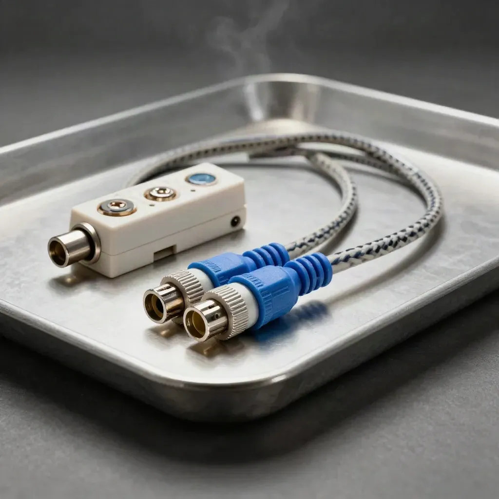 Cables and a switch block routed mid-connection on brushed metal under dramatic light.
