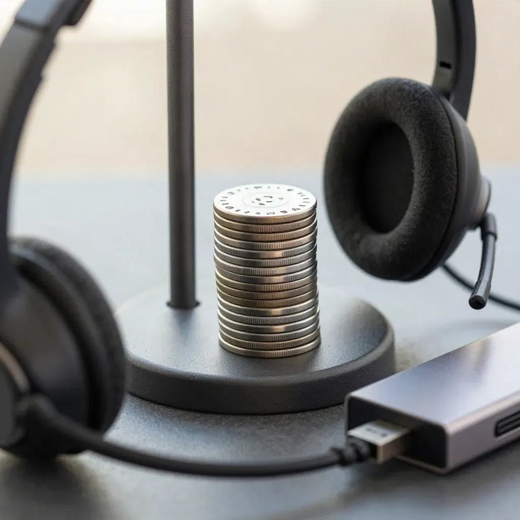 Macro of headset stand, tokens, and USB hub seen through a blurred arm