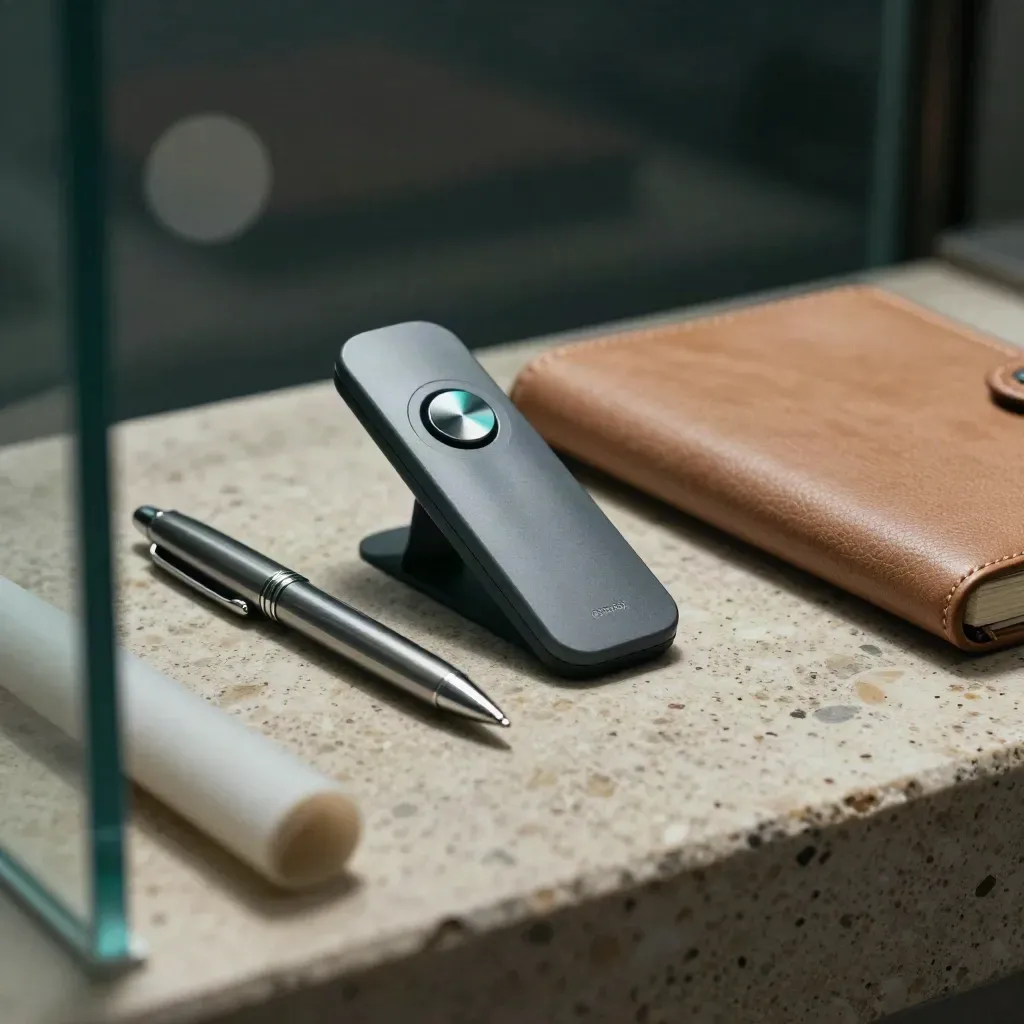 Sales clicker, pen and leather notebook on stone, seen through glass with teal accents.