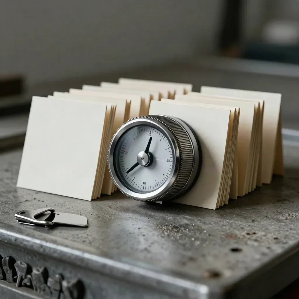 Shift timer, process cards, and steel clip on concrete, shot through a metal tray