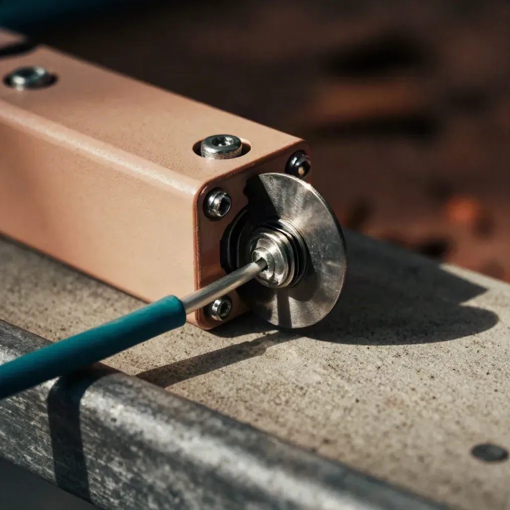 Relay switch block with routed cables and a steel timing disc on concrete in side light.