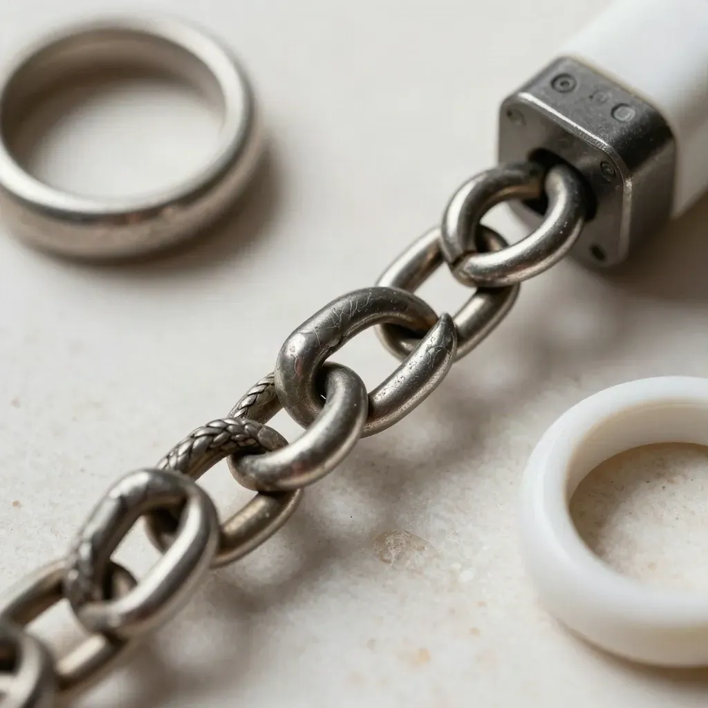 Brushed rings, braided connector loop, and modular block on pale stone in a macro diagonal still life.