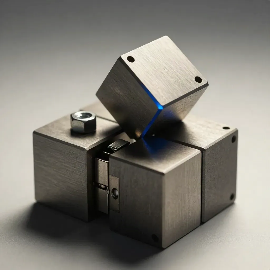 Machined graphite cubes and a hinge with a blue accent on brushed metal, lit dramatically.
