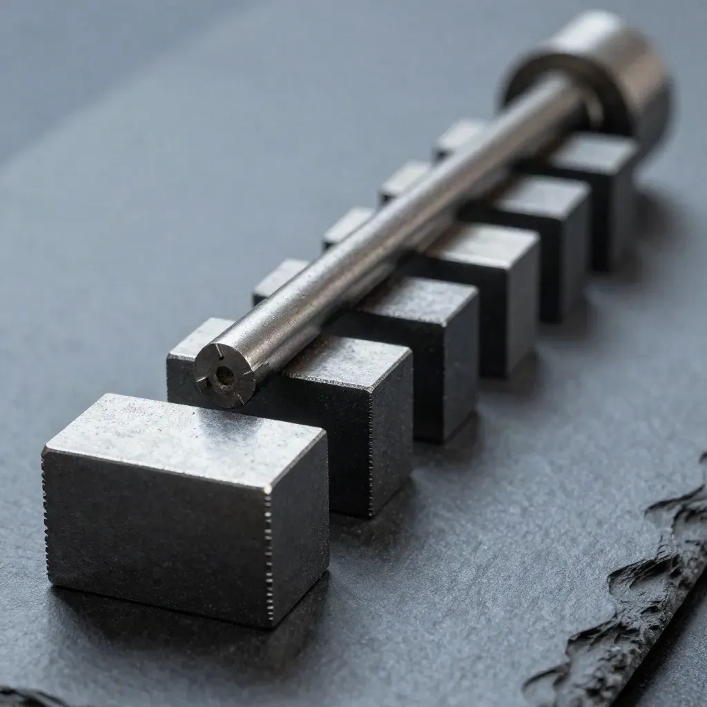 Slim modular blocks and a connector bar aligned in a low macro line on matte slate.