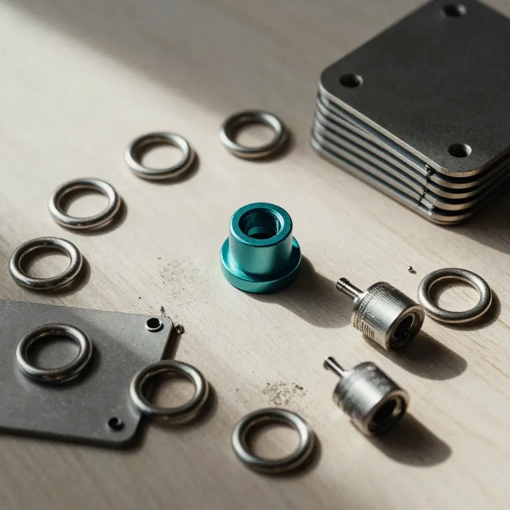 Top-down spread of precision connectors and modular plates on pale wood with teal accent.