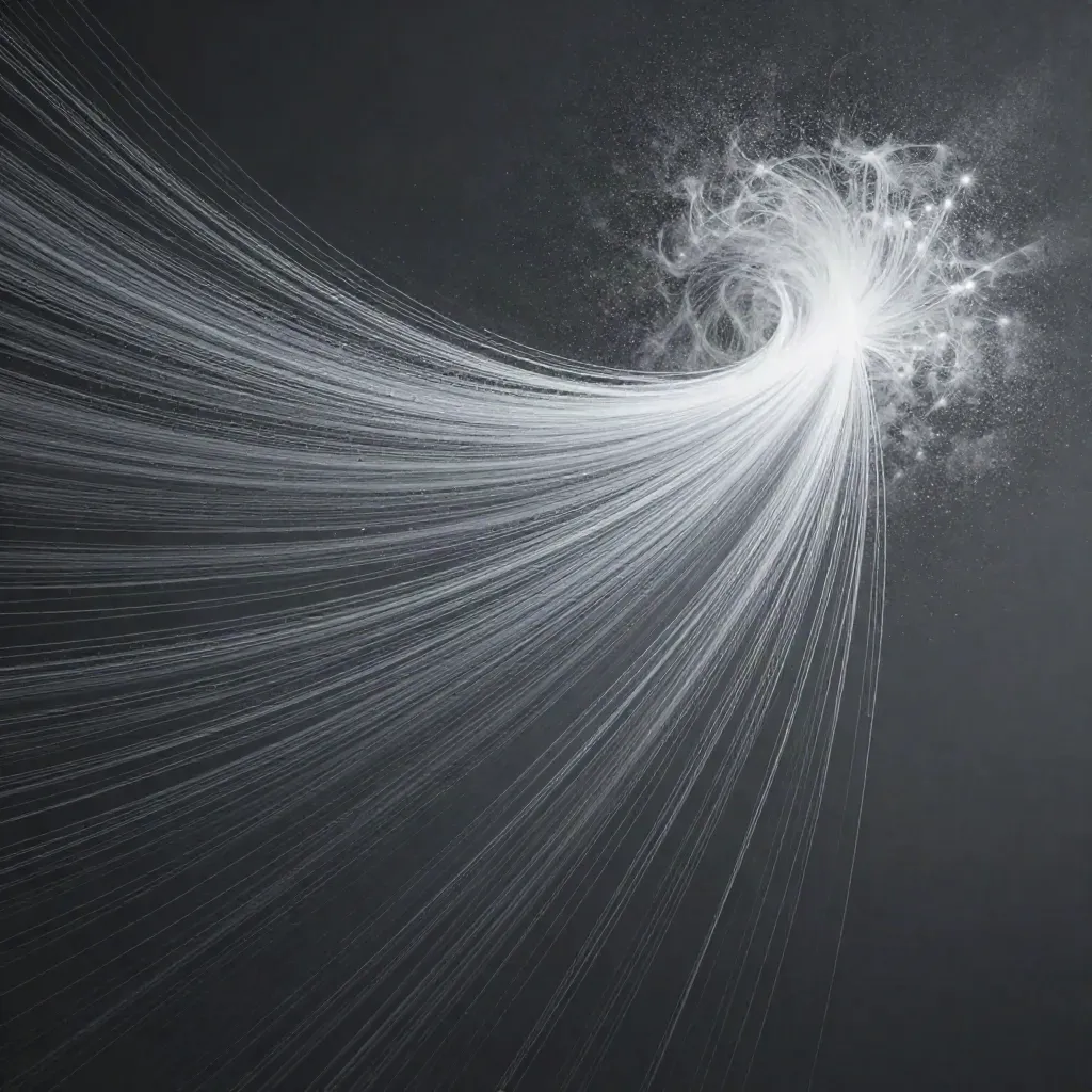 Silver filaments stream through graphite haze, blooming softly high-right with calm empty space below.